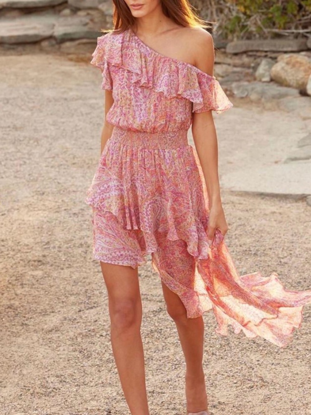 Misa Los Angeles Coral-Pink Paisley High-Low Ruffle Maxi Dress